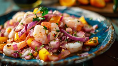 A colorful bowl of shrimp ceviche with mango, onion, and cilantro garnishes, AI generated