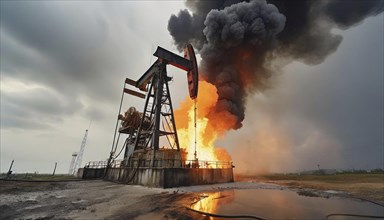 Symbol photo, Burning oil well with lots of dark smoke, AI generated, AI generated