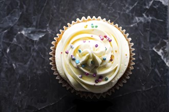 Cupcake with swirls of buttercream frosting in vanilla cream, AI generated