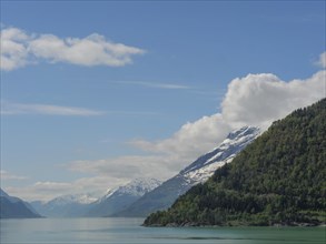 Snow-capped mountains next to a calm lake under a clear blue sky with some clouds, greenish