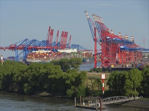Colourful container cranes and stacked containers on the harbour shore, surrounded by water and