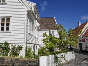 White wooden houses with red tiled roof and green garden surrounded by a stone wall on a sunny day,