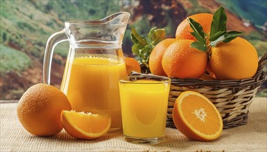 A glass and a jug of orange juice next to a basket of oranges and green leaves in a natural setting