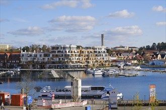 Apartment building at the harbour of the Mueritzsee, Waren, Mueritz, Mecklenburg Lake District,