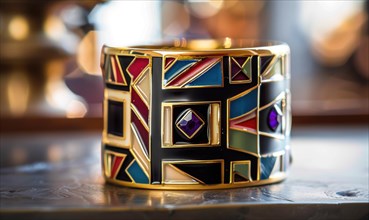 A bold statement cuff bracelet featuring geometric patterns and semi-precious stones AI generated