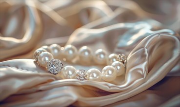 A pearl bracelet adorned with intricate charms resting on a luxurious satin material background AI