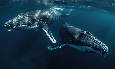 A mother and calf humpback whale swimming together in tropical waters AI generated