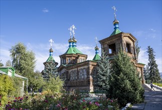 Russian Orthodox Church Cathedral of the Holy Trinity, wooden church with green spires, Karakol,