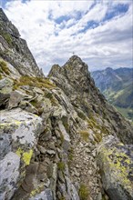 Narrow mountain path, rocky pointed summit of the Raudenspitze or Monte Fleons, with summit cross,