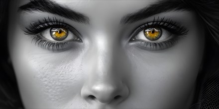 Monochromatic close up fashion portrait with yellow eyes, AI generated