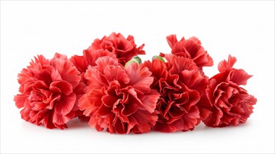 A lush bunch of red carnations with ruffled petals against a white background, AI generated