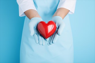 Woman with blue gloves holding red heart. KI generiert, generiert, AI generated