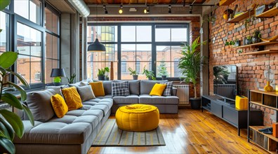 Modern living room in a condo or loft with modern trendy furniture a grey couch and yellow pillows,