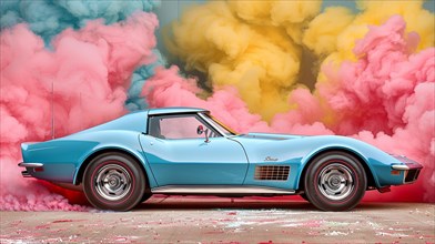 A vibrant blue classic Corvette contrasted against pink and yellow smoke, AI generated