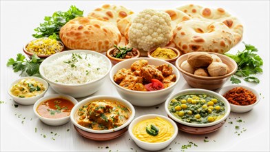 A diverse spread of Indian cuisine with rice, naan, and multiple vegetarian dishes, AI generated