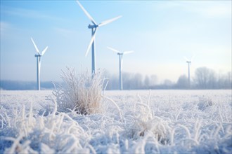 Wind turbines in snow landscape in winter. AI generated