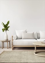 A white couch sits in front of a white wall. Vertical shot. AI generated