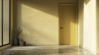A room with a yellow door and a window. The room is empty and has a very bright and sunny