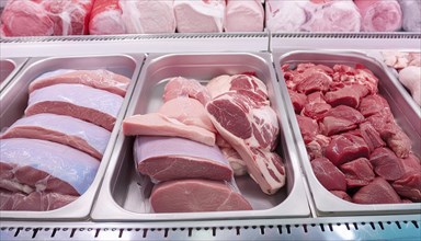 Lots of meat in the refrigerated counter of a butcher's shop, AI generated, AI generated