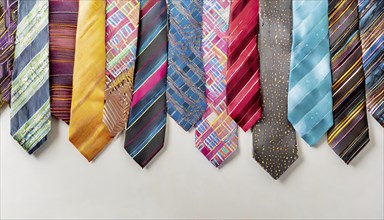 Colourful ties arranged in a row next to each other, each with its own pattern and texture, AI
