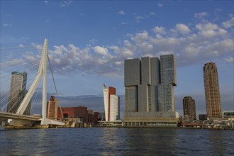 City panorama with modern skyscrapers, river and bridge under a partly cloudy sky, skyline of a