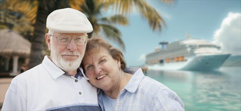 Senior adult couple enjoying the view from the dock with passenger cruise ship in the background