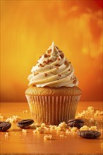 Cupcake with frosting swirls against orange background, AI generated