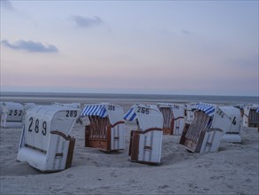 Empty beach chairs on the beach with a view of the sea and blue sky at dusk, setting sun on a beach
