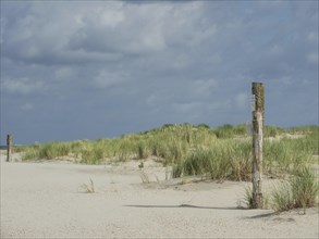 Beach with sandy dunes and cloudy sky, calm and peaceful atmosphere, lonely beach with dune grass