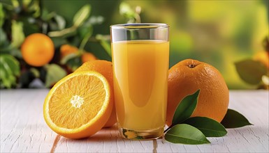 A glass of orange juice, whole and halved oranges, leaves and a green background, AI generated, AI