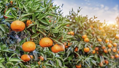 Close-up of a mandarin tree with ripe fruit at sunset, AI generated, AI generated