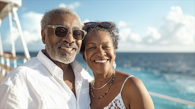 Happy african american senior couple portrait on the deck of their luxury cruise ship. generative