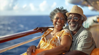 Happy african american senior couple portrait on the relaxing deck of their luxury cruise ship.