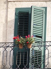 A balcony with red flowers in pots, green shutters and a white wall behind them in the sunlight,