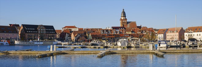 Town panorama with town harbour on Lake Mueritz, St. Mary's Church, Waren, Mueritz, Mecklenburg