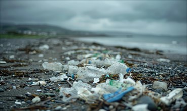 Plastic pollution on a remote beach AI generated