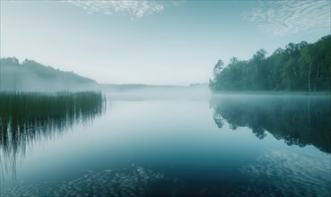 A gentle morning mist over a tranquil lake with soft reflections AI generated