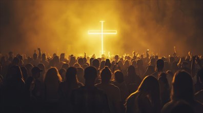 Large crowd of people praying to god and Jesus in front of the Cross, AI generated