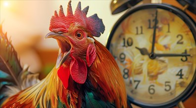 A rooster is standing in front of a clock with its beak open. Concept of a loud alarm clock, AI