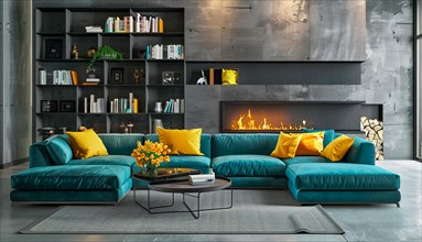Modern living room in a condo or loft with modern trendy furniture, AI generated
