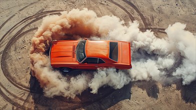 An orange car performing a burnout, surrounded by clouds of smoke, AI generated