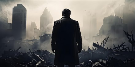Silhouette of a businessman against a backdrop double exposure that reveals a destroyed cityscape,