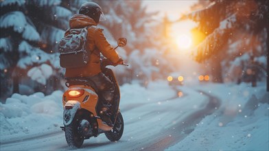 Motorcyclist rides on a snowy city street at sunset with warm light casting a glow on the scene, AI