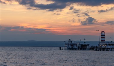 Sunset, lighthouse, jetty, Lake Neusiedl, Austria, Europe