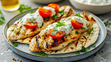 Grilled chicken with tzatziki sauce on flatbread, garnished with tomatoes and parsley, AI generated
