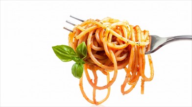Fork lifting spaghetti with tomato sauce and a basil leaf on a white background, AI generated
