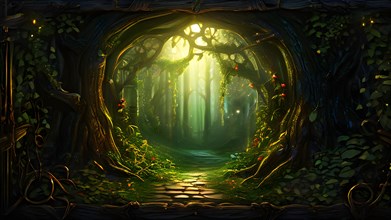 AI generated enchanted forest illustration intertwining trees aglow with magical light