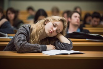 Young student woman falling asleep in university or college, AI generated