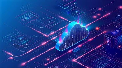 Streamlined cloud computing concept on a digital circuit board with neon blue and red, AI generated