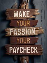 Aged wooden planks with the motivational text 'Make your passion your paycheck', ai generated, AI